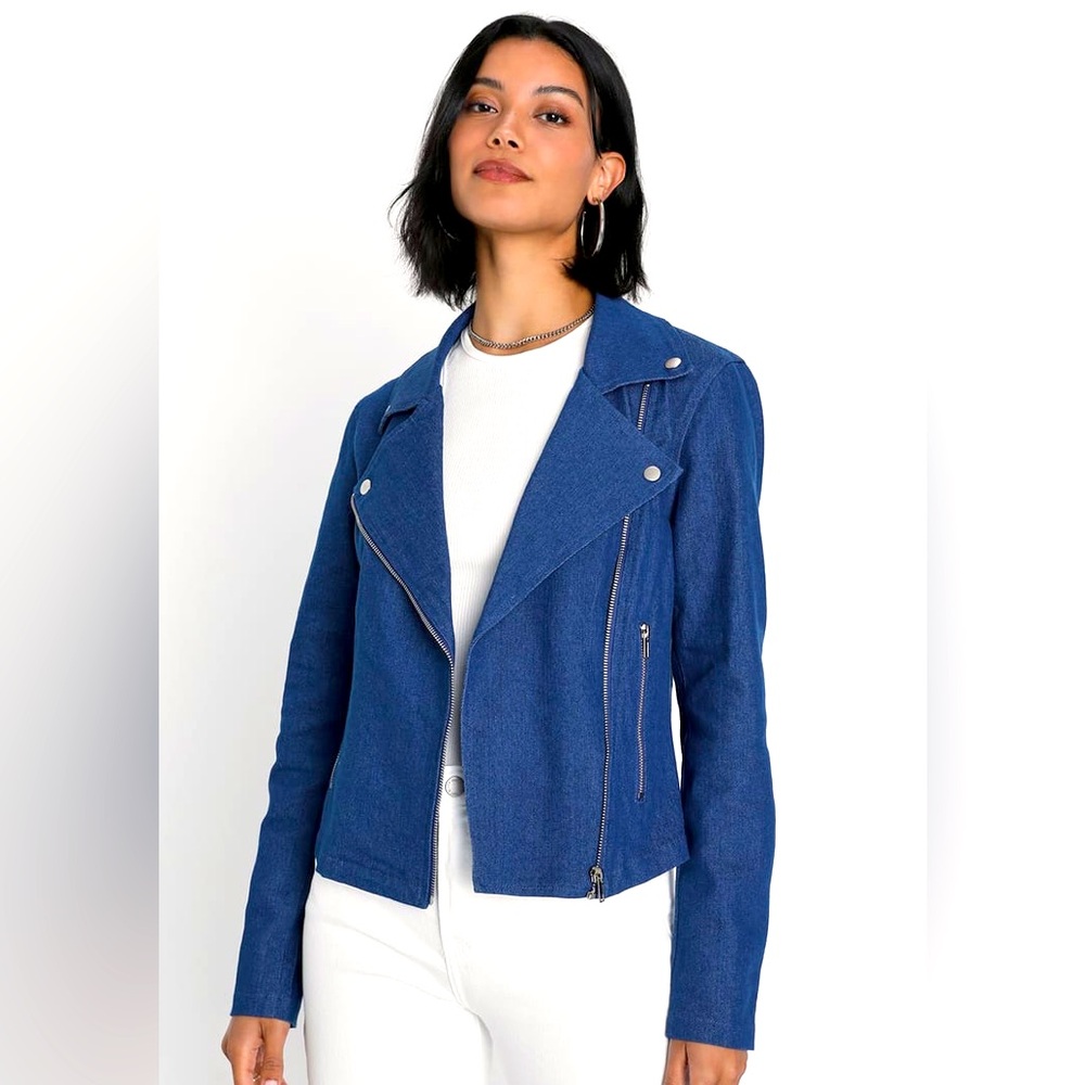 Lulus blue jean moto jacket, size small NWOT. Never worn